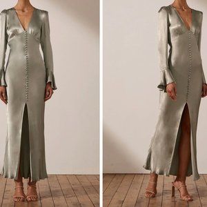 Shona Joy La Lune Frill Cuff Bias Midi Dress in Sage